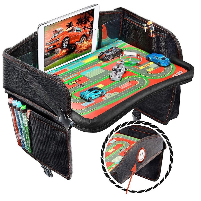 Coolmum Kids Travel Tray, Toddler Car Seat Tray, Double Sided Activity Organizer, Snack Lap Tray, Baby Stroller Table, Airplane Play Table, Waterproof and Foldable (Premium Black) - Image 1